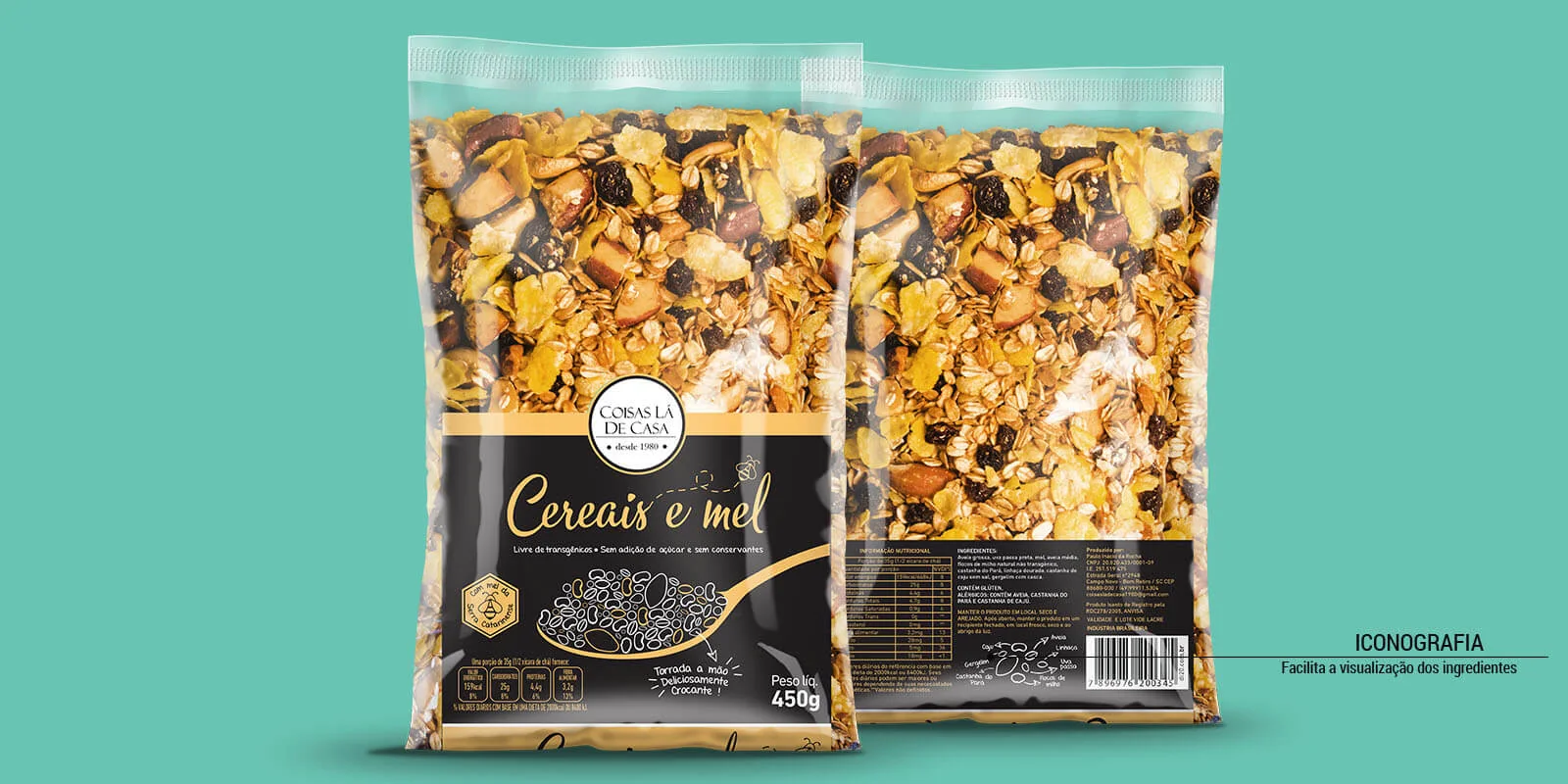 Frente e verso da granola Cereais e Mel: janela para o produto, selo de origem e iconografia dos ingredientes no verso.